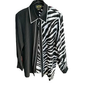 Bob Mackie Women's Black Animal Print Long Sleeve Button Down Silk Shirt Size M